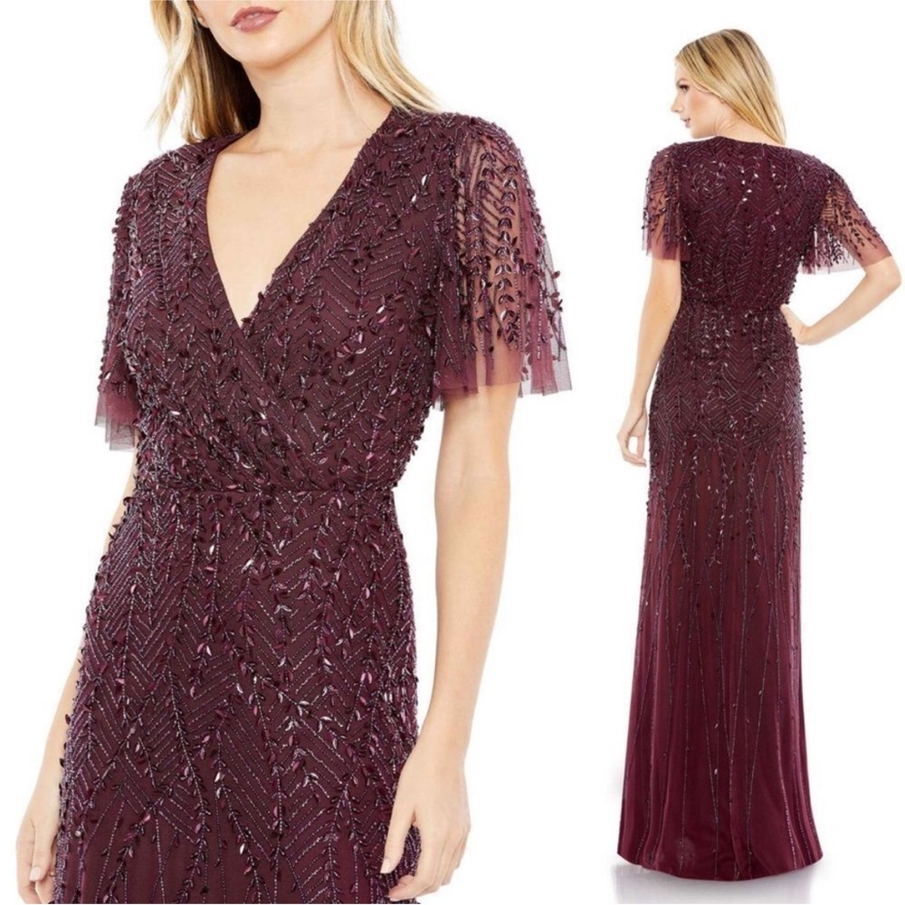 Mac Duggal Aubergine Wrap Top Elegant Plum Evening Gown